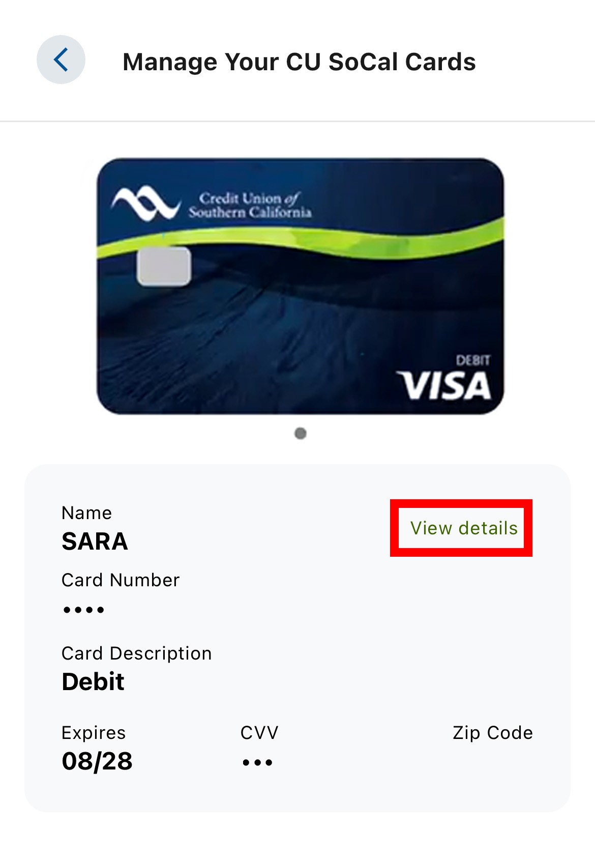 Image of digital card in app with first name, details, card number, card description, expiration date, cvv, and zip code